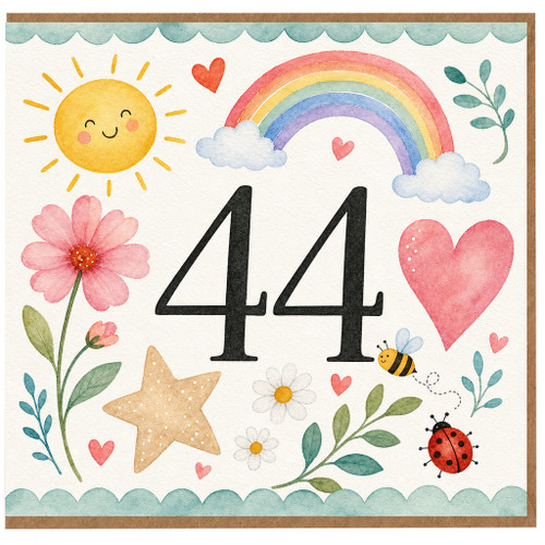 44th Birthday Card, Watercolour Rainbow and Floral Design