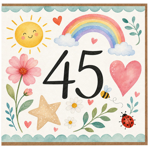 45th Birthday Card, Cute Watercolour Rainbow and Hearts Design