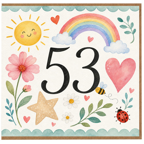 53rd Birthday Card, Cute Watercolour Rainbow Flowers and Hearts Design