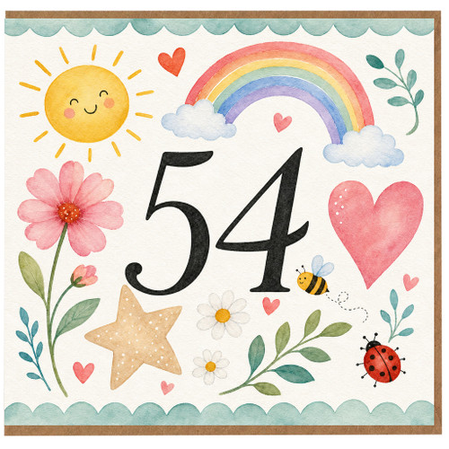 54th Birthday Card, Cute Watercolour Floral Rainbow Design