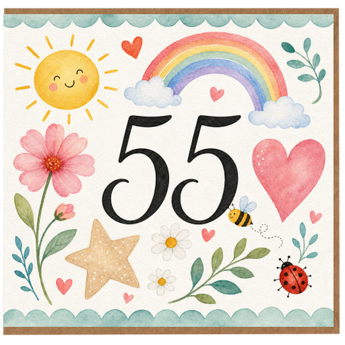 55th Birthday Card, Watercolor Rainbow and Floral Design
