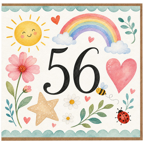 56th Birthday Card, Cute Watercolor Rainbow Sun and Flowers Design