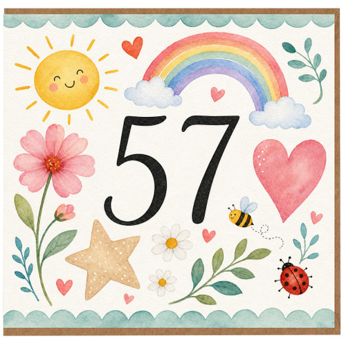 57th Birthday Card, Watercolour Floral Rainbow Design