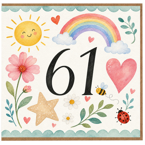 61st Birthday Card, Watercolour Floral Rainbow Birthday Card