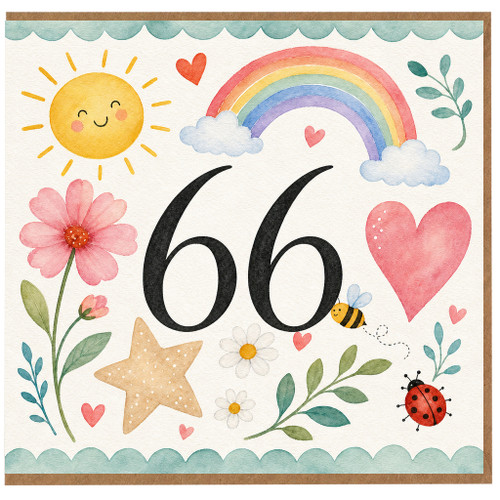 66th Birthday Card, Cute Watercolour Rainbow and Flowers Design
