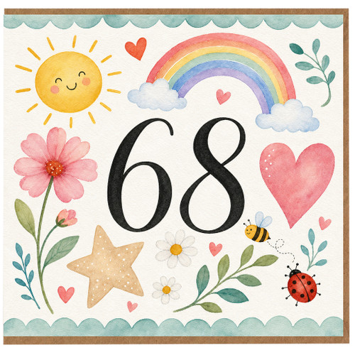 68th Birthday Card, Watercolour Rainbow and Flowers Design