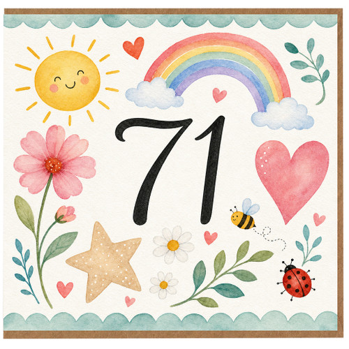 71st Birthday Card, Cute Watercolour Rainbow Sun and Flowers Design