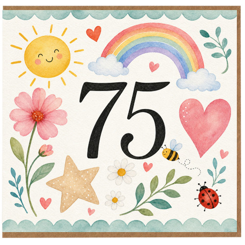 75th Birthday Card, Watercolour Rainbow Flower and Heart Design