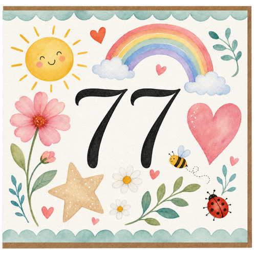 77th Birthday Card, Watercolour Sun Rainbow and Flowers Design