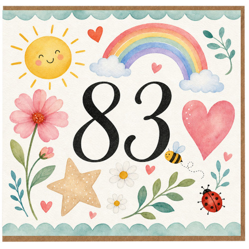 83rd Birthday Card, Cute Watercolour Rainbow, Sun and Floral Design