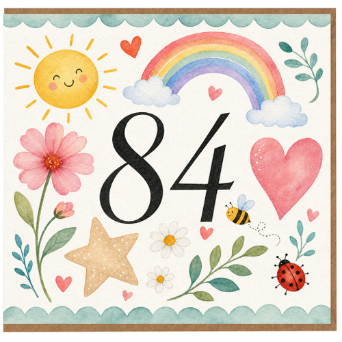 84th Birthday Card, Cute Watercolour Floral Rainbow Card