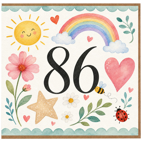 86th Birthday Card, Pastel Watercolour Floral Rainbow Design
