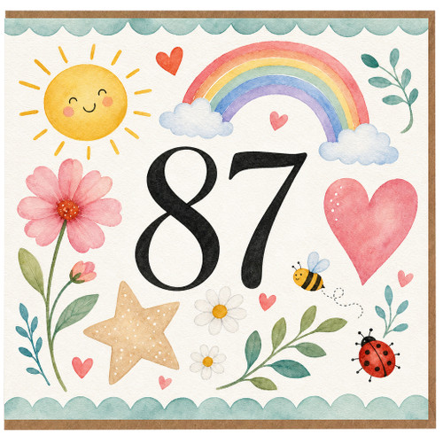 87th Birthday Card, Watercolour Rainbow Sun and Hearts Card