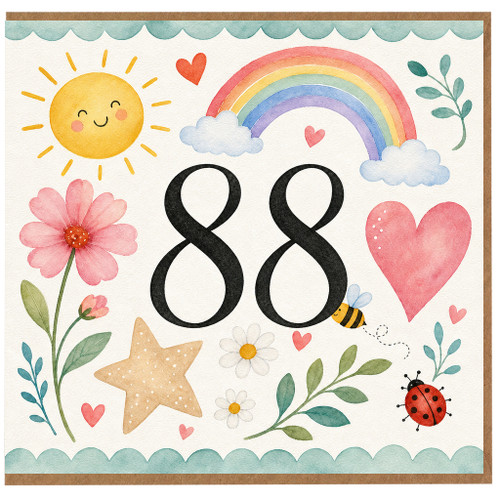 88th Birthday Card, Cute Watercolour Rainbow and Floral Design