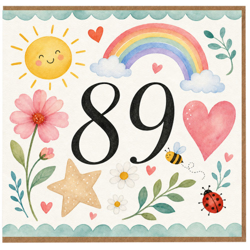89th Birthday Card, Cute Watercolour Rainbow Flowers Hearts and Sun