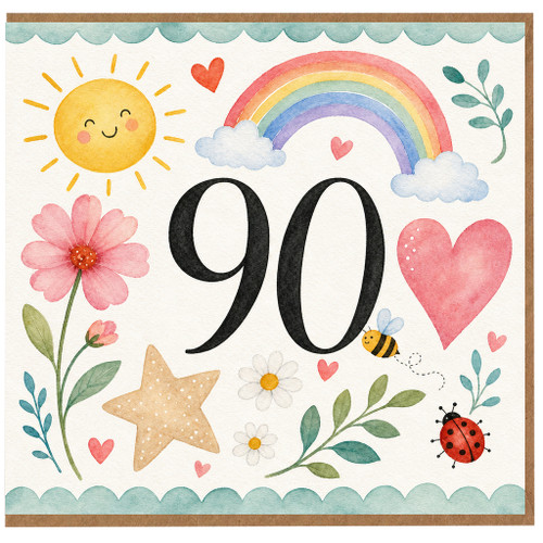 90th Birthday Card, Cute Watercolour Sun Rainbow Floral Design