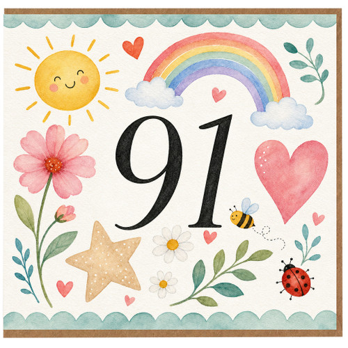 91st Birthday Card, Cute Watercolour Sun Rainbow Hearts and Flowers