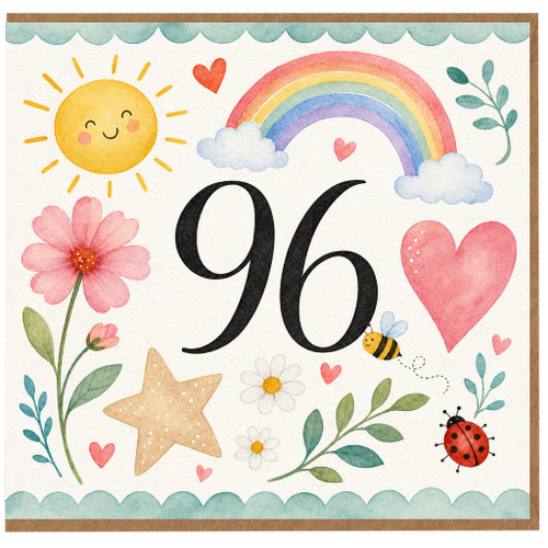 96th Birthday Card, Cute Watercolour Rainbow Sun and Flowers Design