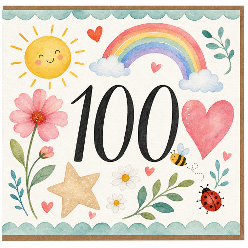 100th Birthday Card, Watercolour Rainbow and Floral Design