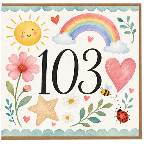 103rd Birthday Card, Watercolour Rainbow and Floral Design