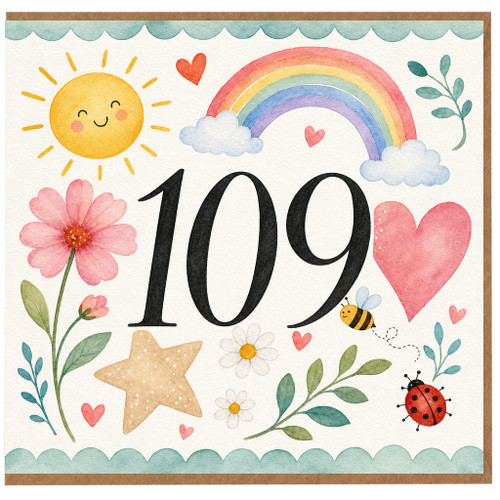 109th Birthday Card, Watercolour Rainbow Sun and Floral Design