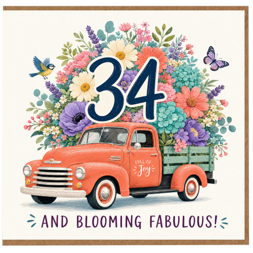 34th Birthday Card, Blooming Fabulous Floral Truck Card