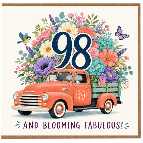 98th Birthday Card, Blooming Fabulous Floral Vintage Truck Card