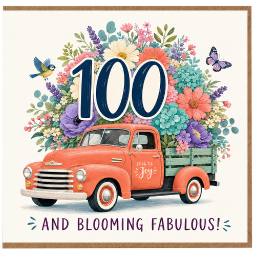 100th Birthday Card, Floral Vintage Truck Blooming Fabulous Card