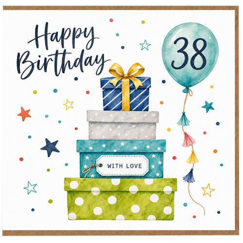 38th Birthday Card, Happy Birthday 38 Balloon and Gift Boxes Design