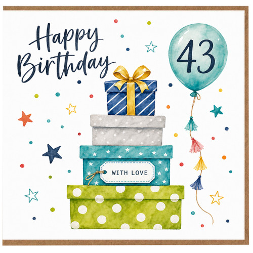 43rd Birthday Card, Happy Birthday Card with Gifts and Balloon