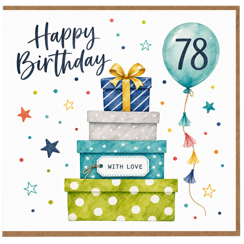 78th Birthday Card, Happy Birthday Gift Box and Balloon Design