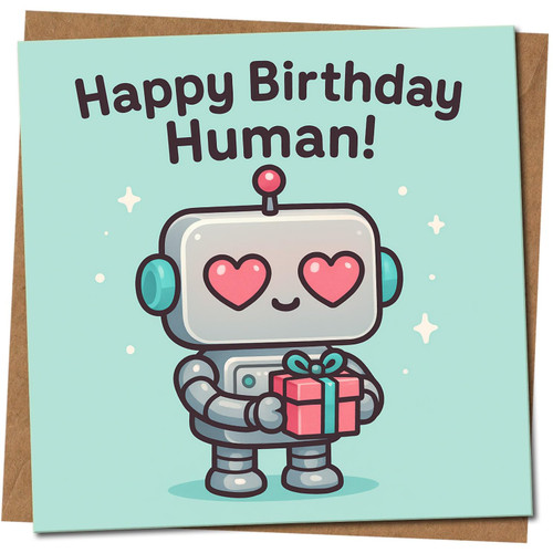 Happy Birthday Human Robot Card - Cute Kawaii Robot, 145mm x 145mm Square, Includes Kraft Envelope