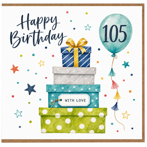 105th Birthday Card, Happy Birthday with Gifts and Balloon Design