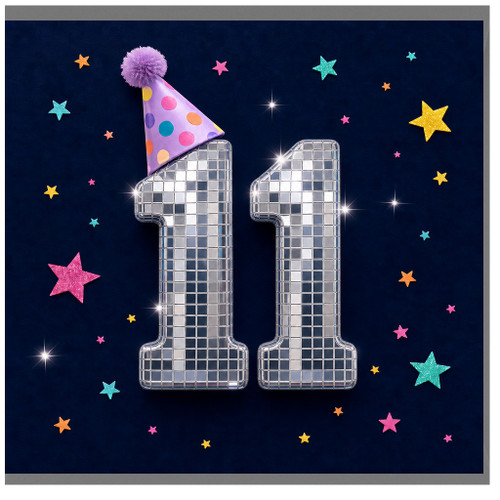 11th Birthday Card, Colourful Party Hat Number 11 Card