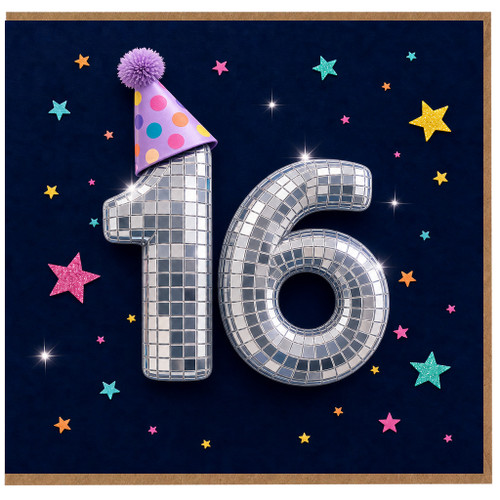 16th Birthday Card, Disco Number 16 Card with Party Hat and Stars