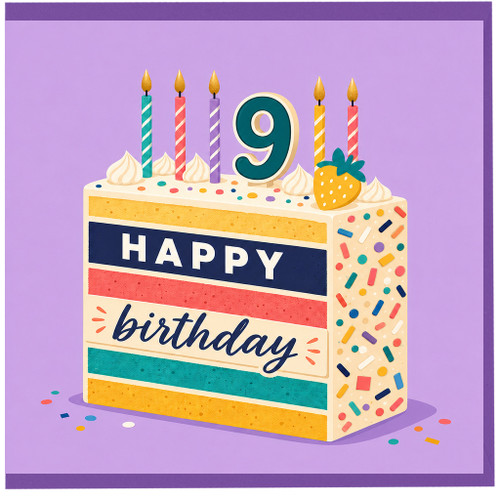 9th Birthday Card, Colourful Cake and Candles Happy Birthday Card