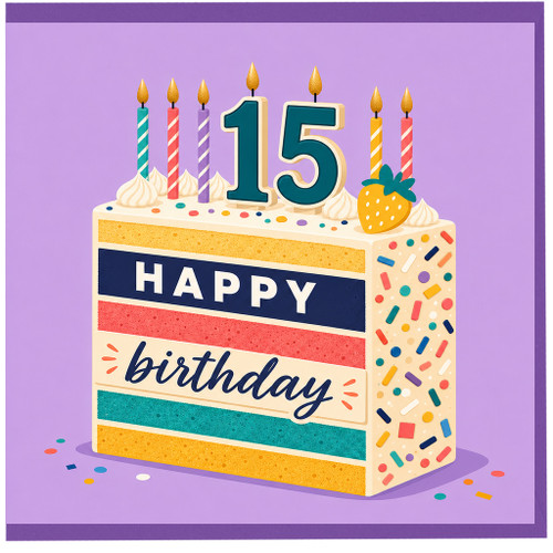 15th Birthday Card, Happy Birthday Cake Design