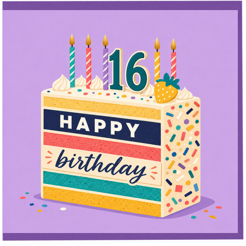 16th Birthday Card, Happy Birthday Cake Design