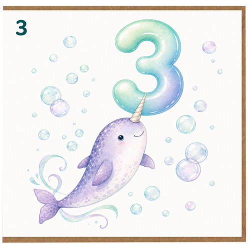 3rd Birthday Card, Cute Narwhal and Bubbles Design