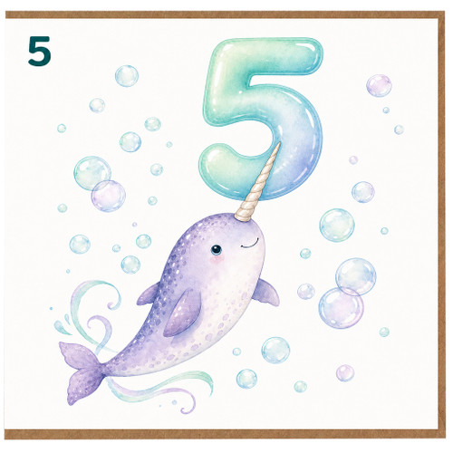 5th Birthday Card, Cute Narwhal Unicorn Design