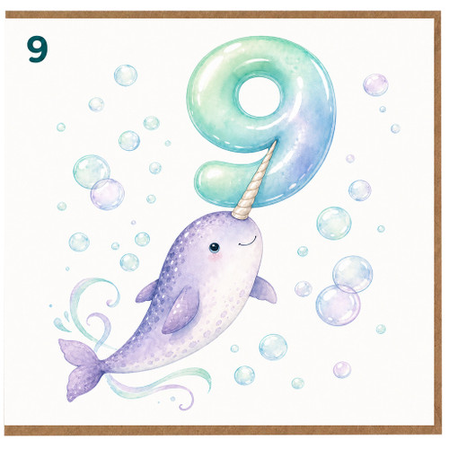 9th Birthday Card, Cute Narwhal Balloon Design