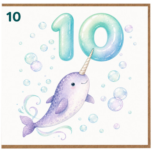 10th Birthday Card, Cute Narwhal Birthday Card