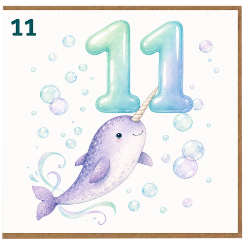 11th Birthday Card, Cute Narwhal Number 11 Card