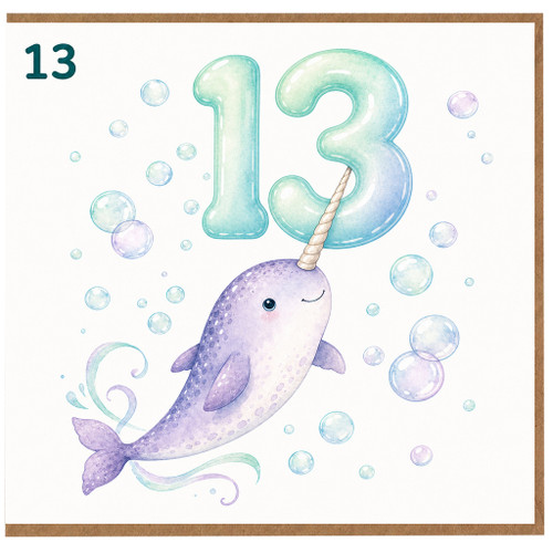 13th Birthday Card, Cute Narwhal Age 13 Card