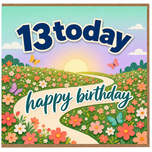 13th Birthday Card, Happy Birthday Floral Butterfly Design