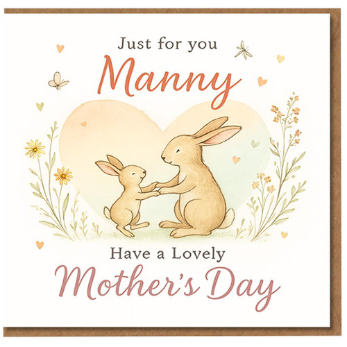 Mother's Day Card for Mum - Cute Rabbits with Heart and Wildflowers - 'Just for you Manny, Have a Lovely Mother's Day' - From Child