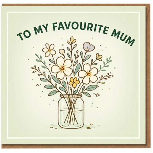 To My Favourite Mum Card - Wildflower Bouquet in Jar, Pastel Green Floral - Mother's Day Card from Son or Daughter