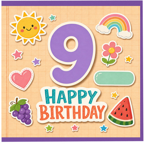 9th Birthday Card, Happy Birthday Card with Colourful Fun Fruit and Rainbow Design