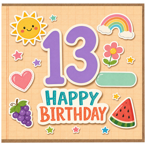 13th Birthday Card, Cute Colourful Happy Birthday Card with Sun, Rainbow and Fun Fruit Design