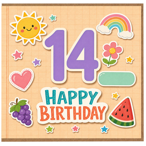 14th Birthday Card, Cute Rainbow Sun and Fruit Birthday Card